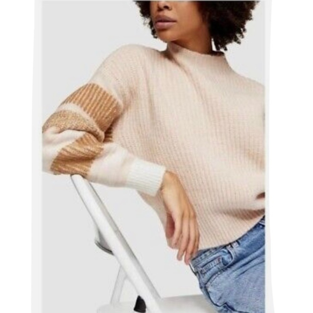 Topshop Striped Sleeve Mock Neck Ribbed Sweater Cottagecore Retro Cozy Peach M